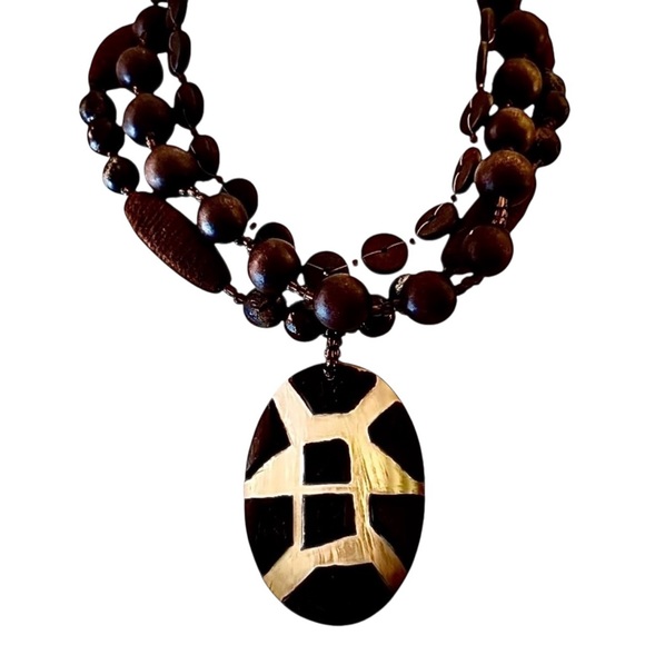 Jewelry - Bold Tribal Mosaic Triple Strand Wood Thread Acrylic Bead Necklace with Pendant